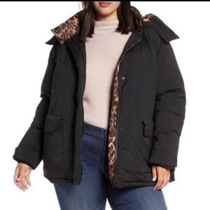 NWT Halogen Black and Cheetah Print Hooded Puffer Jacket